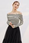 Folded Off-Shoulder Striped Knit Top in Black