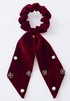 Velvet Bowknot Pearl Diamond Scrunchie in Burgundy