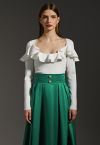 Sassy Wide Ruffled Neckline Knit Top in White