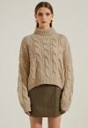 Turtleneck Braid Knit Crop Sweater in Brown