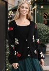 Sequined Gingerbread Man and Christmas Stocking Knit Cardigan in Black