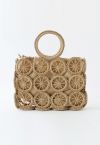 Wheel Shaped Woven Straw Handbag in Caramel