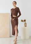 Buttoned Front Slit Rib Knit Skirt in Brown