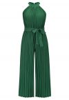 Halter Neck Self-Tie Pleated Jumpsuit in Green