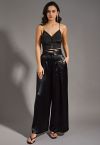 Glossy Crisscross Waist Wide Leg Pants in Black