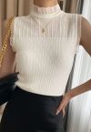 Ruffled Mock Neck Mesh Spliced Knit Top in Ivory