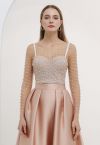 Full Pearl Embellished Sheer Mesh Top in Tan