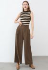 Cross Waist Pleated Straight-Leg Pants in Brown