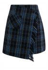 Plaid Fringed Flap Mini Bud Skirt in Black