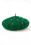 Handmade Pearl Wool Blend Beret Hat in Dark Green