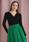 Ruched Faux Wrap Puff Shoulder Velvet Top in Black