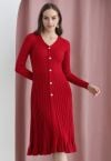 Button Front Ribbed Knit A-line Midi Dress in Red