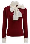 Embroidered Eyelet Bowknot Ribbed Knit Top in Red