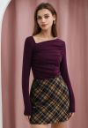 Asymmetric Neck Ruched Long Sleeve Top in Purple