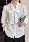 Embroidered Eyelet Bowknot Puff Sleeves Shirt