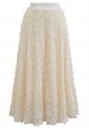 3D Rose Petal Mesh Midi Skirt in Cream