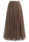 Venus Glitter Mesh Tulle Midi Skirt in Caramel