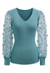 3D Floret Mesh Sleeves Spliced Knit Top in Teal