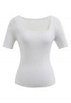 Scalloped Edge Square Neck Short Sleeve Knit Top in White