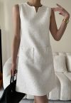 Sequin Embroidery Sleeveless Tweed Dress in White