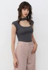 Choker Neck Cap Sleeve Knit Top in Smoke