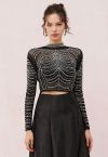 Rhinestone Embellished Soft Mesh Crop Top in Black