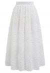 Floral and Stem Jacquard Pleated Midi Skirt in White