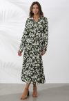 V-Neck Collared Floral Printed Belted Maxi Dress