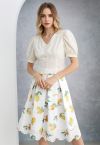 Lemon Printed Eyelet Embroidered Scallop Edge Pleated Skirt