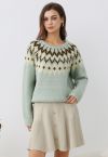 Winter Whimsy Fair Isle Ribbed Knit Sweater in Mint