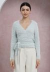 Wrap V-Neck Tie-Waist Fuzzy Knit Top in Light Blue