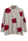 Christmas Poinsettia Mock Neck Oversized Knit Sweater