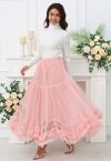 Ruffle Hem Double-Layered Mesh Maxi Skirt in Pink