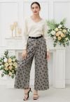 Velvet Rose Printed Herringbone Palazzo Pants with Belt in Khaki