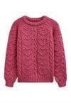 Embossed Heart Cable Knit Sweater in Berry