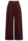 Urban-Casual Pleats Wide-Leg Pants with Belt in Burgundy