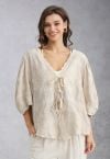 Lace Up Floral Embroidery Cotton Top in Linen