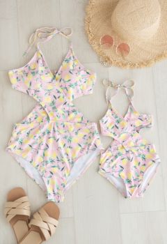 Lemon Print Halter Neck Swimsuit for Mommy & Kids