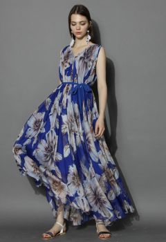 Marvelous Floral Chiffon Maxi Dress in Blue