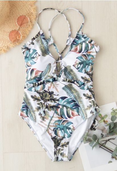 Lace-Up Back Tropical Palm Ruffle Swimsuit