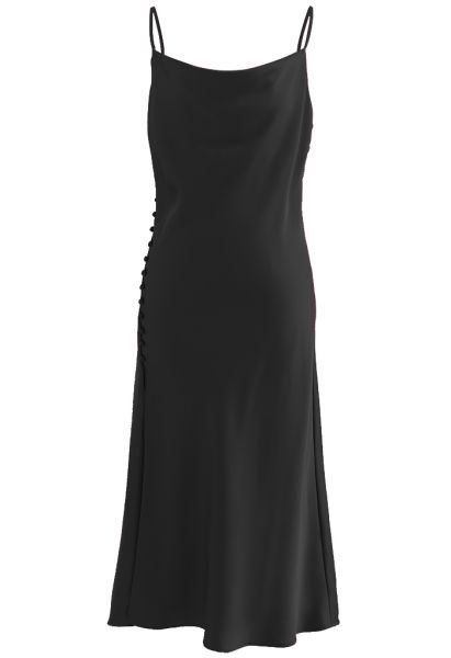 Buttoned Side Split Hem Satin Cami Dress in Black