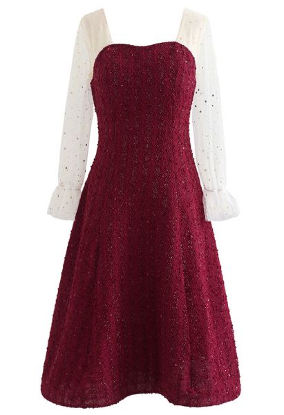 Sweetheart Mesh Spliced Sequined Flare Dress
