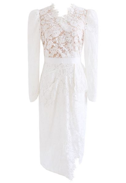 Full Lace Puff Sleeve Slit Bodycon White Dress