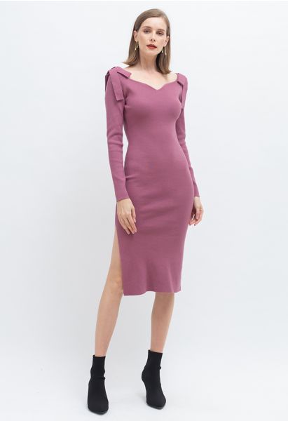 Bowknot Shoulder Split Side Bodycon Knit Dress in Lilac