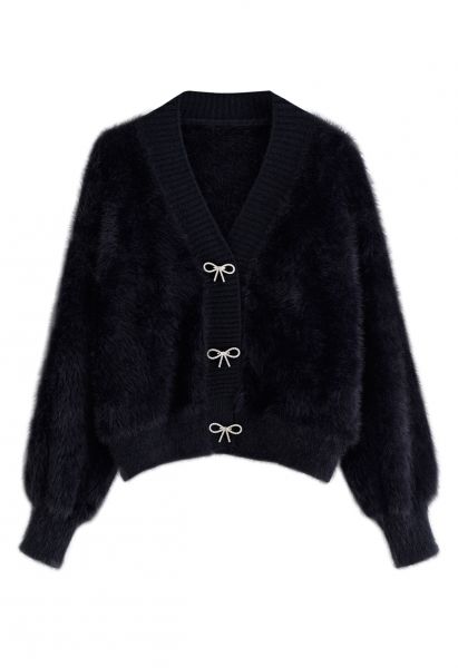 Bowknot Brooch Fuzzy Knit Cardigan in Black