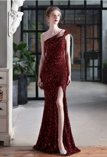 Evening Elegance Sequin One Shoulder Slit Gown in Burgundy