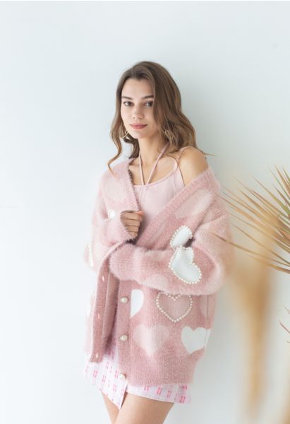 Pearly Contrast Heart Soft Fuzzy Knit Cardigan in Pink