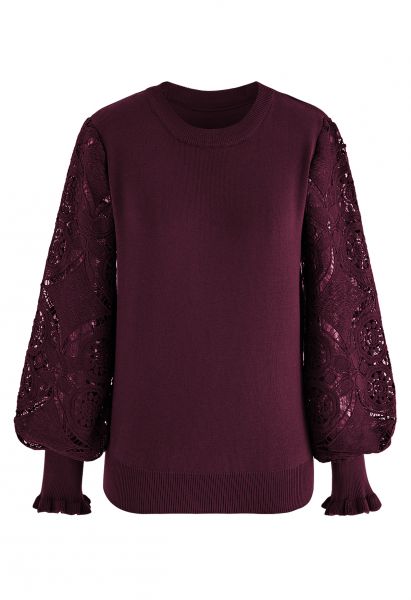 Floral Crochet Sleeve Knit Top in Burgundy