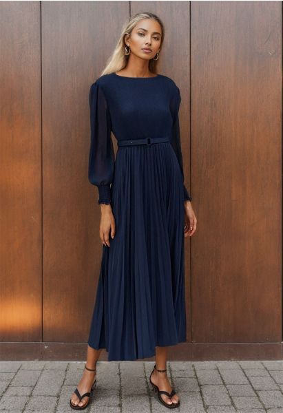 Full Pleated Belted Maxi Dress in Navy