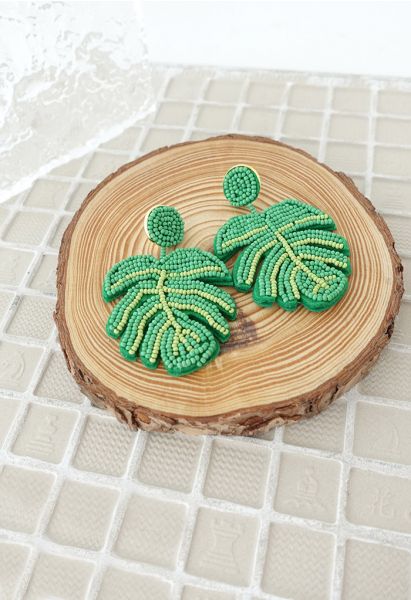 Beaded Tropical Leaf Earrings